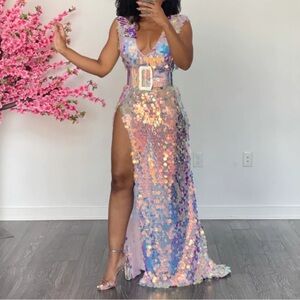 Iridescent Lavender Sequin Maxi Dress with High Slit